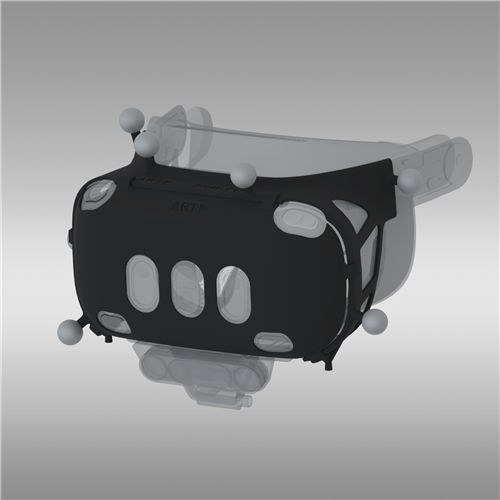 Produktrendering: Varjo XR4 Target – Tracking-Blende, schwarze Abdeckung mit Markerkugeln; am HMD montiert, transparente Renderdarstellung